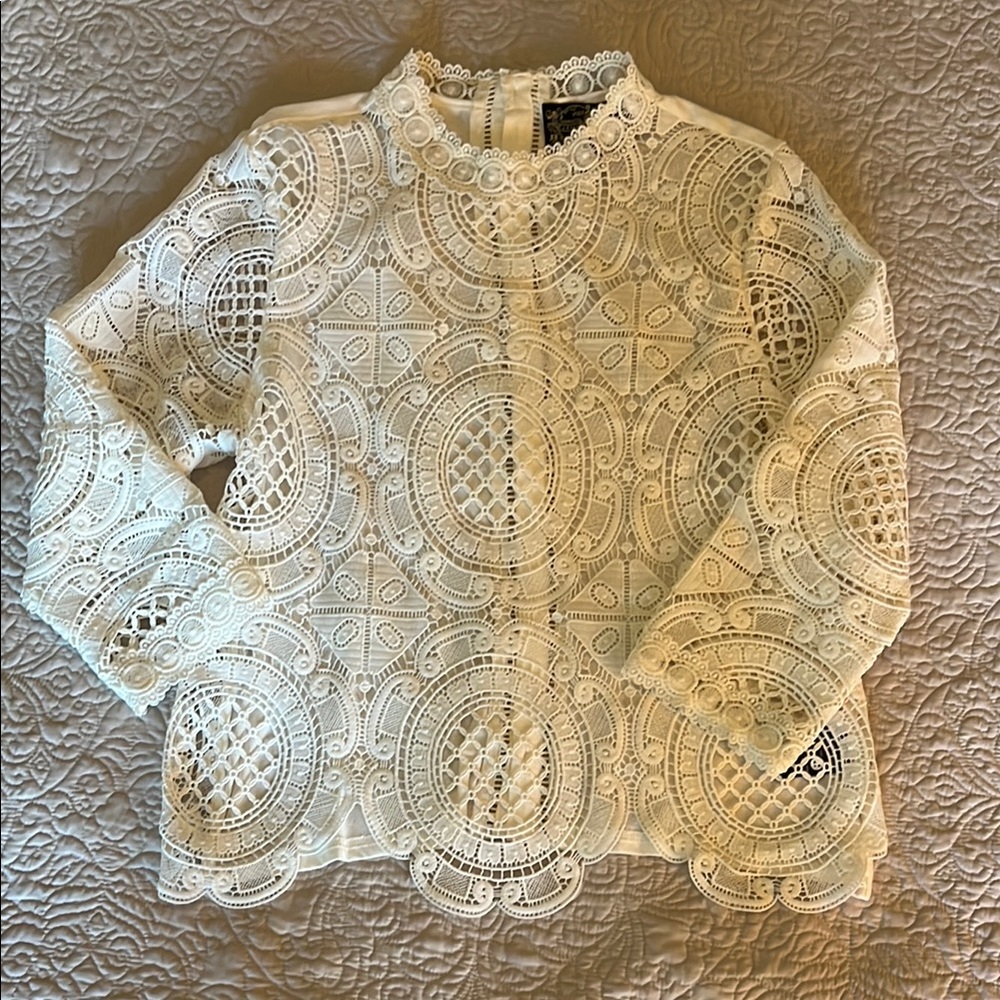 White 3/4 Sleeve Embellished Blouse with Mandarin Collar